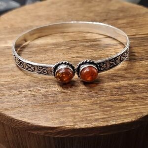 B3209 amber‎ sterling silver precious stone cuff bracelet